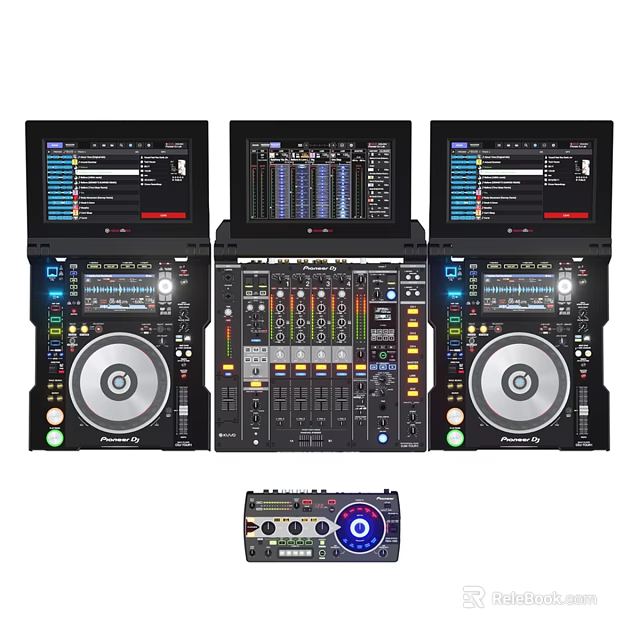 Professional Headphone Audio Equipment With DJ Mixer Turntable Controllers And Control Panel 3d model 
