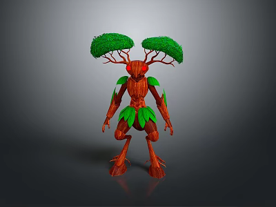 Humanoid Tree Creature With Red Trunk Body And Green Leaf Canopy Head 3d model
