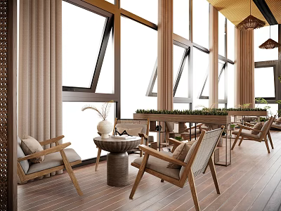 Bright Modern Restaurant With Large Windows Wooden Tables Rattan Chairs And Green Plants 3d model