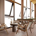 Bright Modern Restaurant With Large Windows Wooden Tables Rattan Chairs And Green Plants