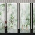 Modern Room Divider With Bamboo Leaf Pattern Glass Panels For Interior Decor 3d model