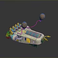 Futuristic Mechanical Device with Yellow Blue Parts White Balloon like Structures and Reflective Base