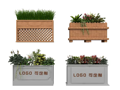Flower Plants In Wooden And Gray Metal Planters With Customizable LOGO Design 3d model