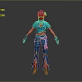 3D Female Character In Blue Outfit With Yellow Patterns Red Decorations And Black Gloves