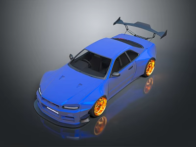 Blue Modified Sports Car With Rear Spoiler And Orange Wheels 3d model