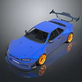 Blue Modified Sports Car With Rear Spoiler And Orange Wheels