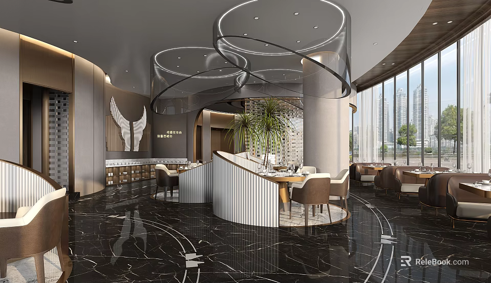 Modern Elegant Restaurant Interior With Curved Design Green Plants Large Windows And Dining Tables 3d model 