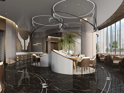 Modern Elegant Restaurant Interior With Curved Design Green Plants Large Windows And Dining Tables 3d model