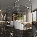 Modern Elegant Restaurant Interior With Curved Design Green Plants Large Windows And Dining Tables