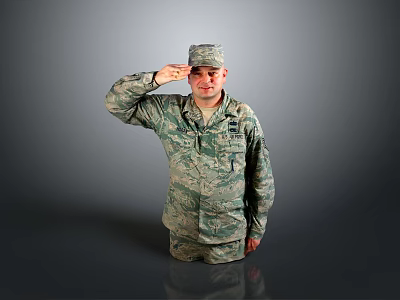Portrait Of Man In Military Uniform Saluting Wearing Cap Standing Against Gray Background 3d model