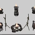Ancient Scene Design With Burning Fires And Various Fire Pits Wooden Stands Stone Arrangements