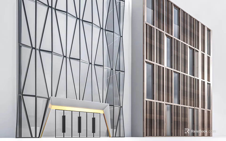 Modern Building Facade With Geometric Glass Panels And Wooden Vertical Strips Design 3d model 