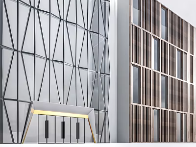 Modern Building Facade With Geometric Glass Panels And Wooden Vertical Strips Design 3d model