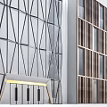 Modern Building Facade With Geometric Glass Panels And Wooden Vertical Strips Design
