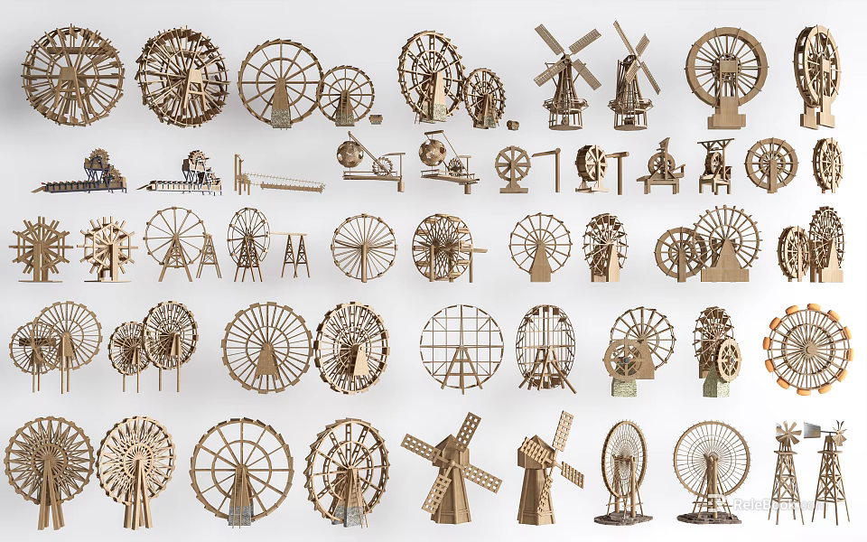 Wooden Garden Ornaments With Assorted Windmills Ferris Wheels And Decorative Structures 3d model 