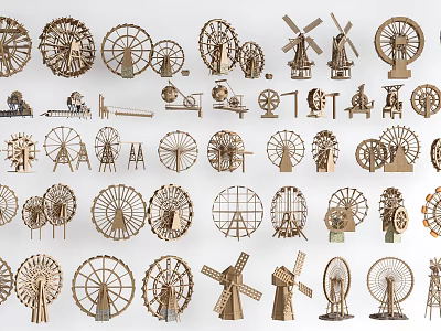 Wooden Garden Ornaments With Assorted Windmills Ferris Wheels And Decorative Structures 3d model
