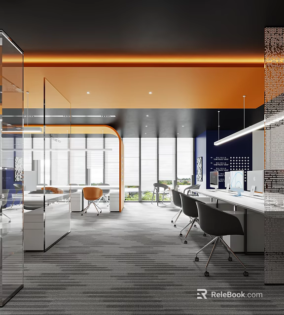 Modern Open Public Office Space Featuring Glass Partitions Orange Ceiling Large Windows And Computers 3d model 