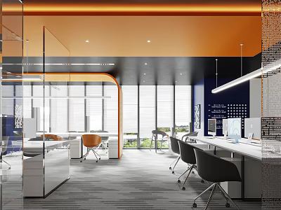 Modern Open Public Office Space Featuring Glass Partitions Orange Ceiling Large Windows And Computers 3d model