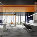 Modern Open Public Office Space Featuring Glass Partitions Orange Ceiling Large Windows And Computers 3d model