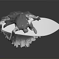 3D Superhero Figurine With Cape Costume Standing On Wave Surfboard Base