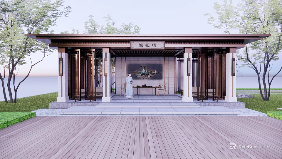 Traditional Chinese Style Wooden Pergola With Roof Steps And Green Plants Surroundings 3d model 