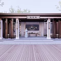 Traditional Chinese Style Wooden Pergola With Roof Steps And Green Plants Surroundings