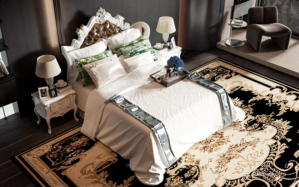 Luxurious Double Bed With Ornate Headboard Multiple Pillows Bedside Tables And Decorative Rug 3d model 