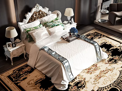 Luxurious Double Bed With Ornate Headboard Multiple Pillows Bedside Tables And Decorative Rug 3d model