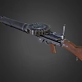 Vintage Machine Gun With Wooden Stock Metal Barrel And Magazine Details