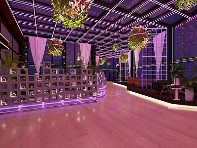 Modern Bar Interior With Purple Lighting Hanging Plants Glass Walls And Open Layout 3d model