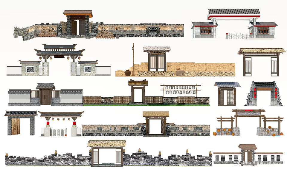 Traditional Chinese Architecture Elements Featuring Different Gates Walls And Roof Structures 3d model