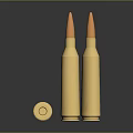 Weapon Ammunition Display With Three Golden Bullets Vertical And Lying Down On Dark Background