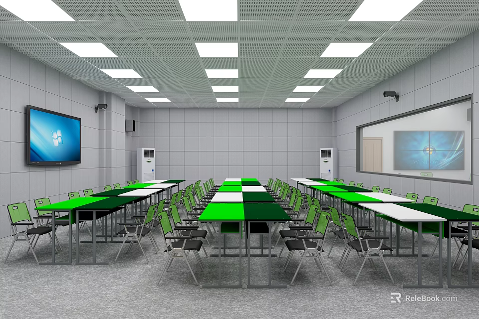 School Modern Classroom With Green Tabletops Chairs Large Screen Whiteboard And Air Conditioners 3d model 