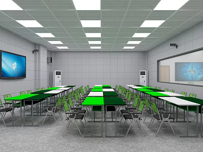School Modern Classroom With Green Tabletops Chairs Large Screen Whiteboard And Air Conditioners 3d model