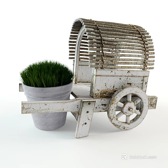 Rustic Wooden Garden Cart With Gray Flower Pot And Fresh Green Grass 3d model 