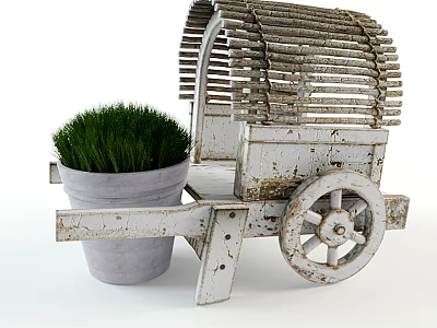 Rustic Wooden Garden Cart With Gray Flower Pot And Fresh Green Grass 3d model