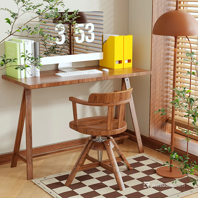 Wooden Desk with Books Yellow Folders Keyboard Wooden Chair Green Plants and Window Blinds 3d model 