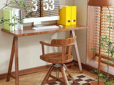 Wooden Desk with Books Yellow Folders Keyboard Wooden Chair Green Plants and Window Blinds 3d model