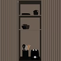 Minimalist Tableware Set Displayed On Beige Wooden Shelf With Bowls Cups And Utensils