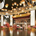Chinese Themed Interior With Hanging Lanterns Traditional Costume Figures And Floral Decorations