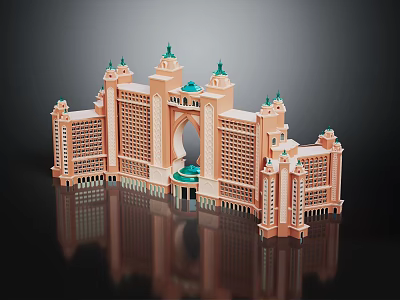 Luxury Hotel Building With Symmetrical Towers Arch Green Spires And Blue Decoration 3d model