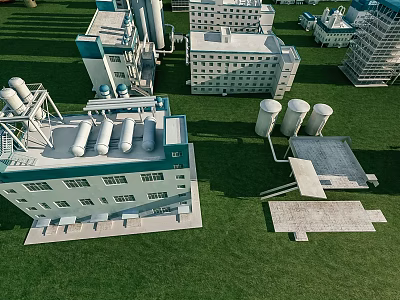 Aerial View Of Industrial Factory Buildings With Storage Tanks And Green Grass 3d model