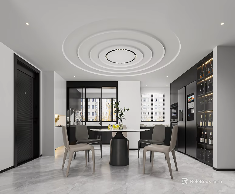 Modern Restaurant Interior Featuring Round Ceiling Design Dining Table Chairs Wine Cabinet And Large Windows 3d model
