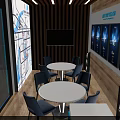Modern Sales Office Building with Blue Vertical Striped Exterior Glass Windows Snowflake Decorations and Seating