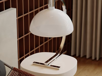 White Lampshade Table Lamp with Metal Stand Round White Base Wooden Lattice Wall and Curtain 3d model