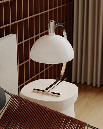 White Lampshade Table Lamp with Metal Stand Round White Base Wooden Lattice Wall and Curtain 3d model