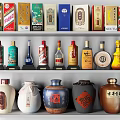 Assorted Wine Bottles and Wine Glasses Display with Diverse Designs on Tiered Shelves