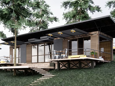 Modern Single Family House With Wooden Structure Black Roof Deck And Grass Surrounded By Trees 3d model