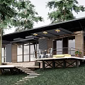 Modern Single Family House With Wooden Structure Black Roof Deck And Grass Surrounded By Trees