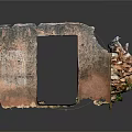 Ruined Wall Structure With Peeling Surfaces And Green Plants On Reflective Ground